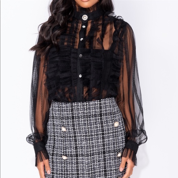 Black Frill Sheer Blouse - Picture 2 of 5